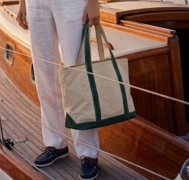 Vintage L.L.Bean Boat Tote Medium Long Handle Canvas Green Trim 90s Medium Maine