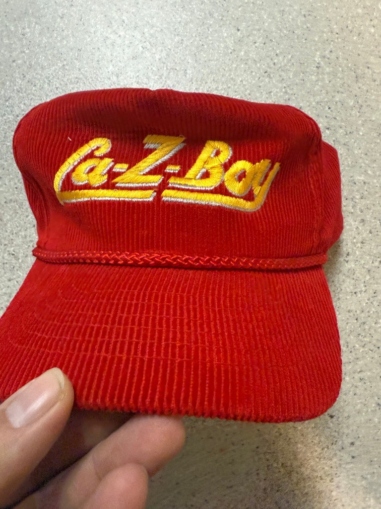 VINTAGE LA-Z-BOY RED CORDUROY HAT. CLEAN View 2