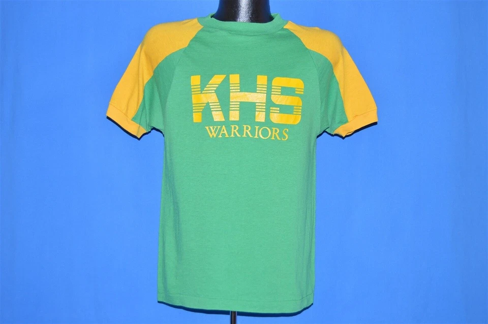 vintage 70s KHS WARRIORS GREEN YELLOW BLUE BAR CHAMPION JERSEY t-shirt MEDIUM M - Image 2 of 4