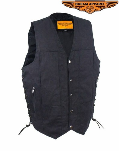 Chaleco de mezclilla de motocicleta para hombre con varios bolsillos delanteros con cordones laterales negros - Imagen 2 de 8