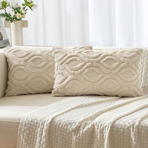 Throw Pillow Covers 12x20 Inch, Soft Winter Plush 20" x 12" (Pack of 2) Beige - Photo 1 sur 6