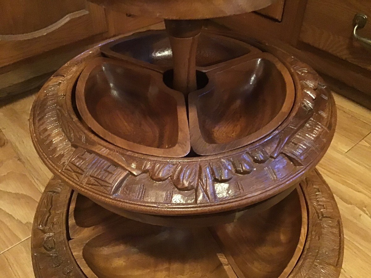 Vintage 3 Tier Wood Tray TIKI Pineapple Hand Carved Monkey