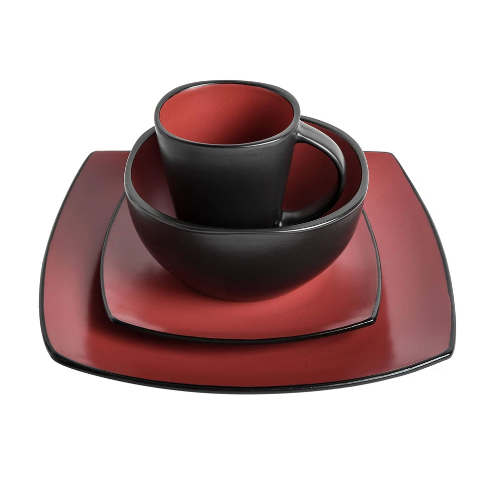 Square Reactive Glaze Stoneware Dinnerware Set Service for 4 16pc Matte Red - Image 3 of 4