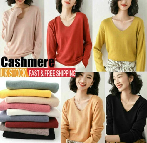 Women Knitted V neck Cashmere Winter Jumper Pullover Sweaters Long Sleeve Blouse
