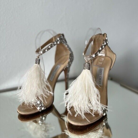 EUC Jimmy Choo Viola 110 Crystal Sandals Ostrich Feather EUC Jimmy Choo Viola 110 Crystal Sandals Ostrich Feather