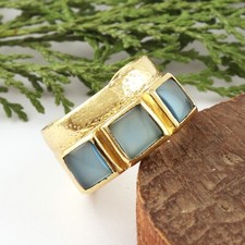 Sky Blue Chalcedony Yellow Gold Plated Collet Setting Statement Adjustable Ring