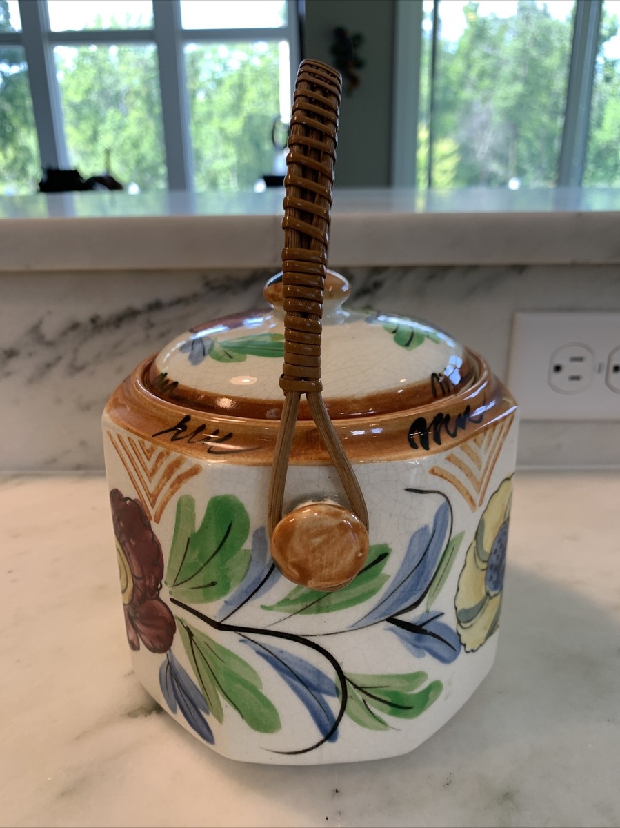 Vintage Biscuit/Cookie Jar Japan Wicker Handle Floral Flowers