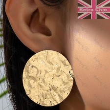 40 mm SCHEIBENMUSTER RETRO OHRSTECKER Metall OHRRINGE groß rund GOLD FINISH gehämmert