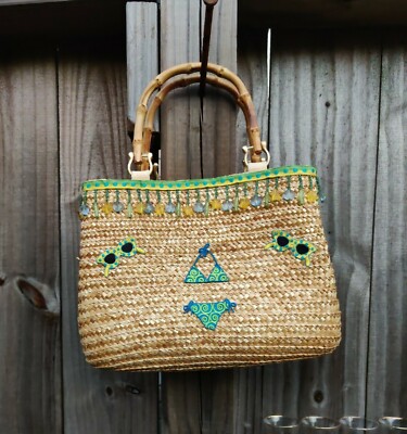 Straw Purse Decor Bikini Shades and Shell Fringe Bamboo Handles Handbag Beach