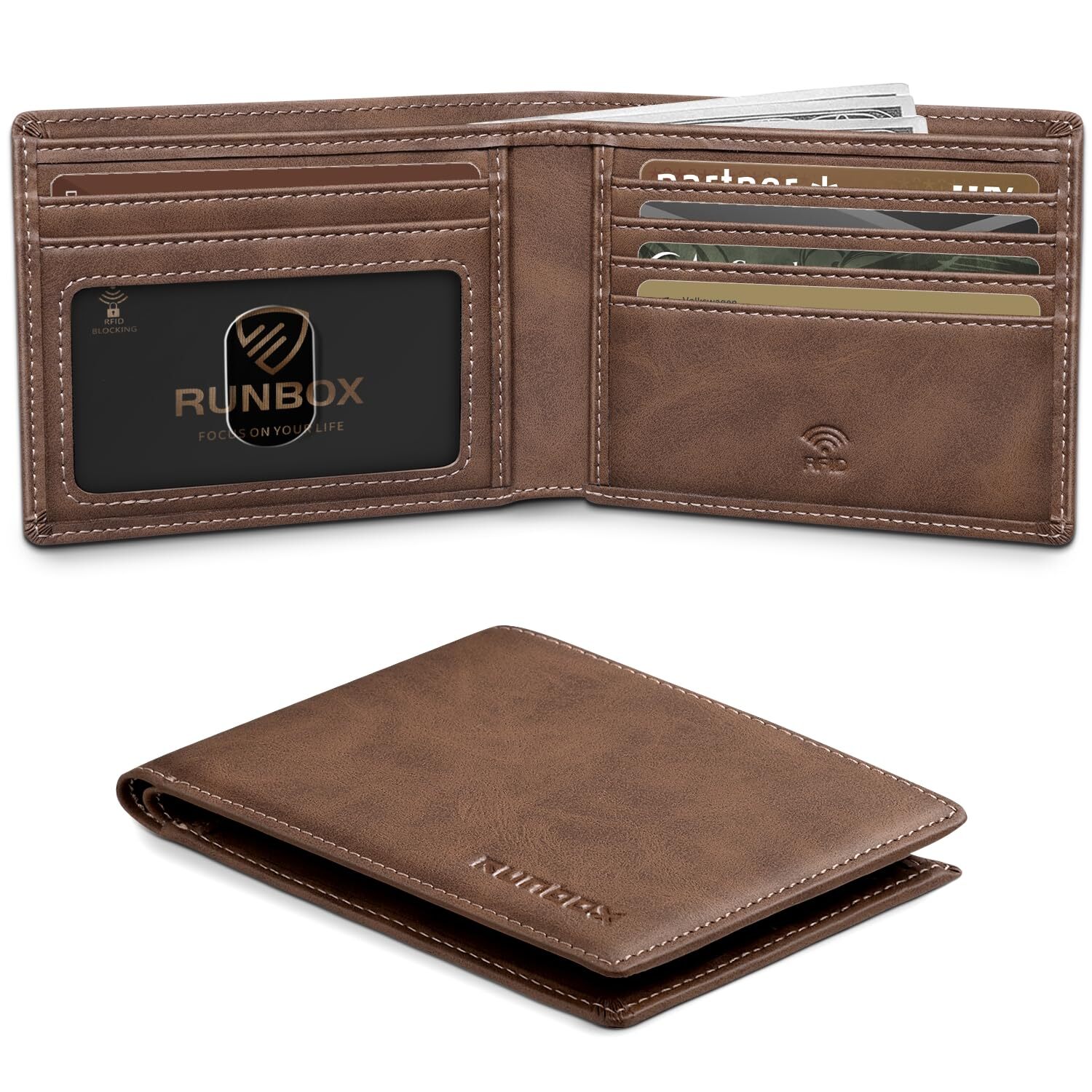 Slim RFID Blocking Leather Bifold Wallet for Men with 8 Slots and Gift Box-image
