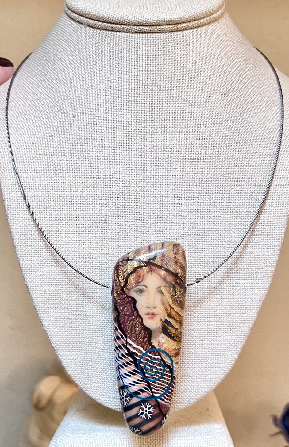 AMAZING Artisan Sterling Silver & Hand Painted FIMO Pendant & Collar Necklace