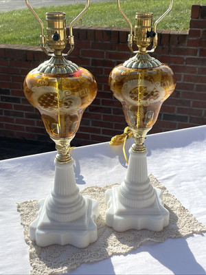 Vtg PAIR Amber Cut Etched Czech Glass Boudoir Table Lamps Art Deco Sandwich MCM