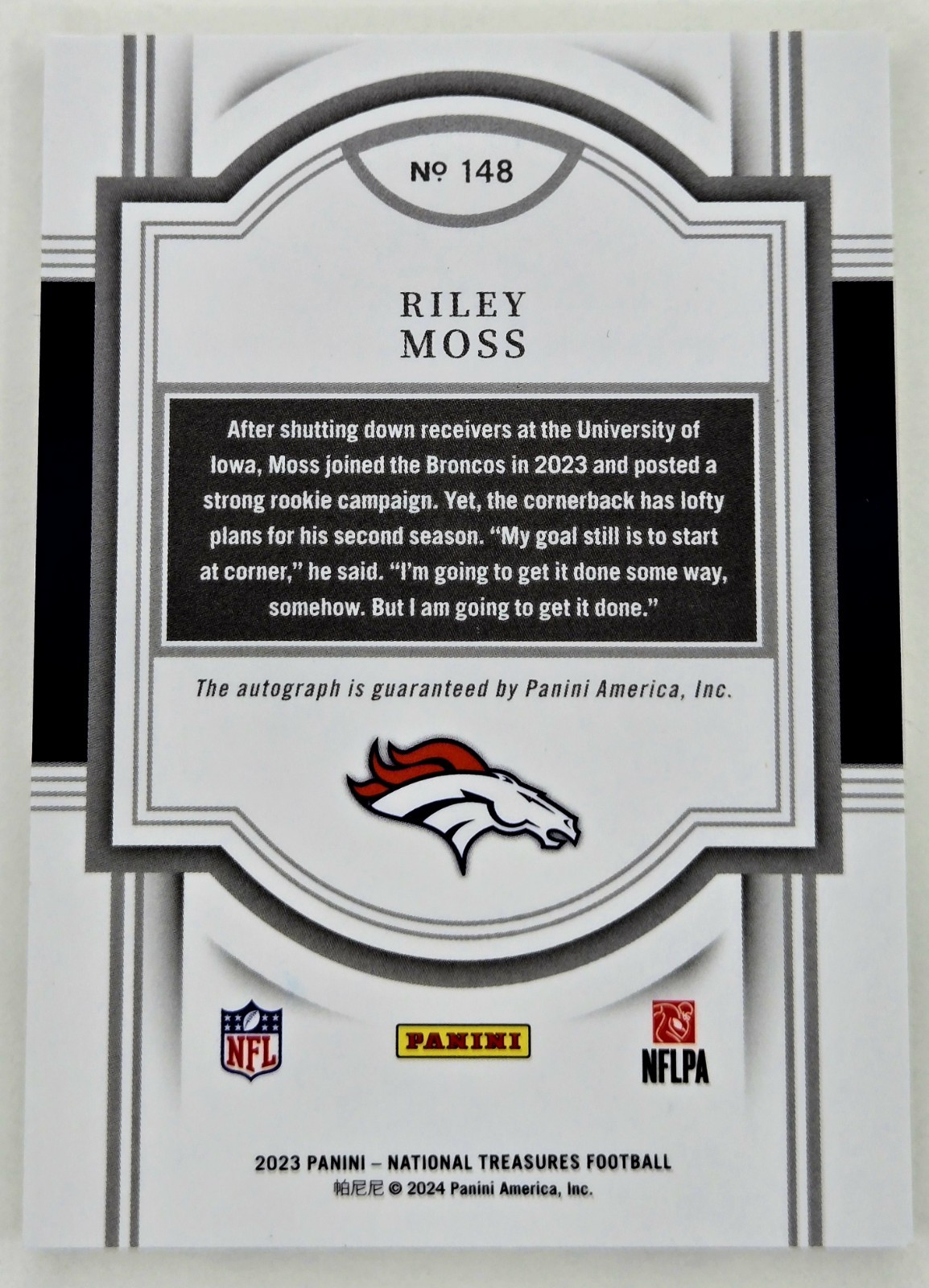 2023 National Treasures Riley Moss #148 Signatures /99 Auto DEN Broncos view 2