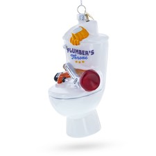 Fix-It Plumber Throne with Plunger  Wrench Blown Glass Ornament