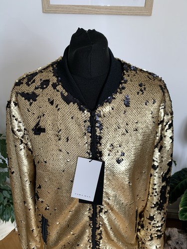 Raro Abrigo Chaqueta Bomber Zara Hombre Dorado Negro Lentejuelas NUEVO - Talla Grande - Imagen 2 de 14