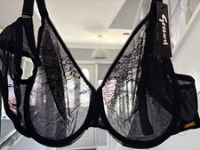 Gossard Glossies Lace Black Floral Sheer Underwired Bra 44C Hook & Eye