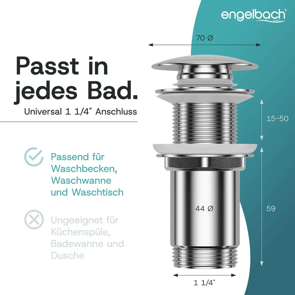 Engelbach Ablaufgarnitur Waschbecken Pop Up Dichtungen Abfluss mit/ohne Überlauf - Bild 2 von 4