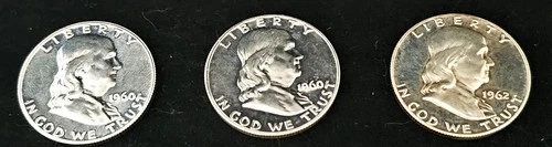 Lot of 3 - 1960 P,  1960 P, 1962 P Proof Franklin Half Dollars 90% Silver