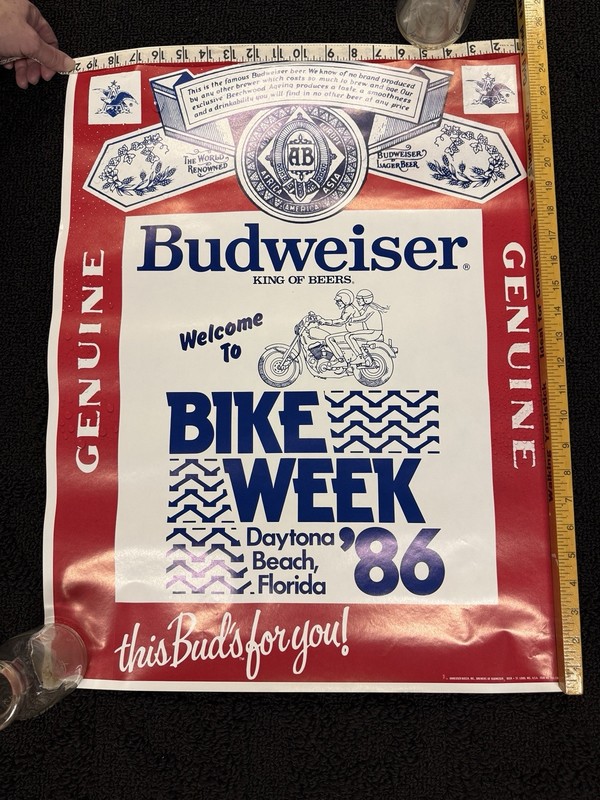 Vintage 1986 Daytona Beach Bike Week Budweiser Poster This Bud's For You Welcome