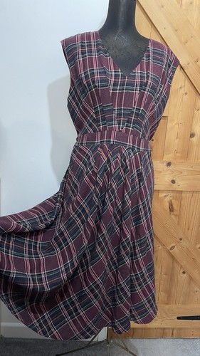 Monsoon Tartan Plaid Dress UK 16 Burgundy Navy Green Vintage Style Checked