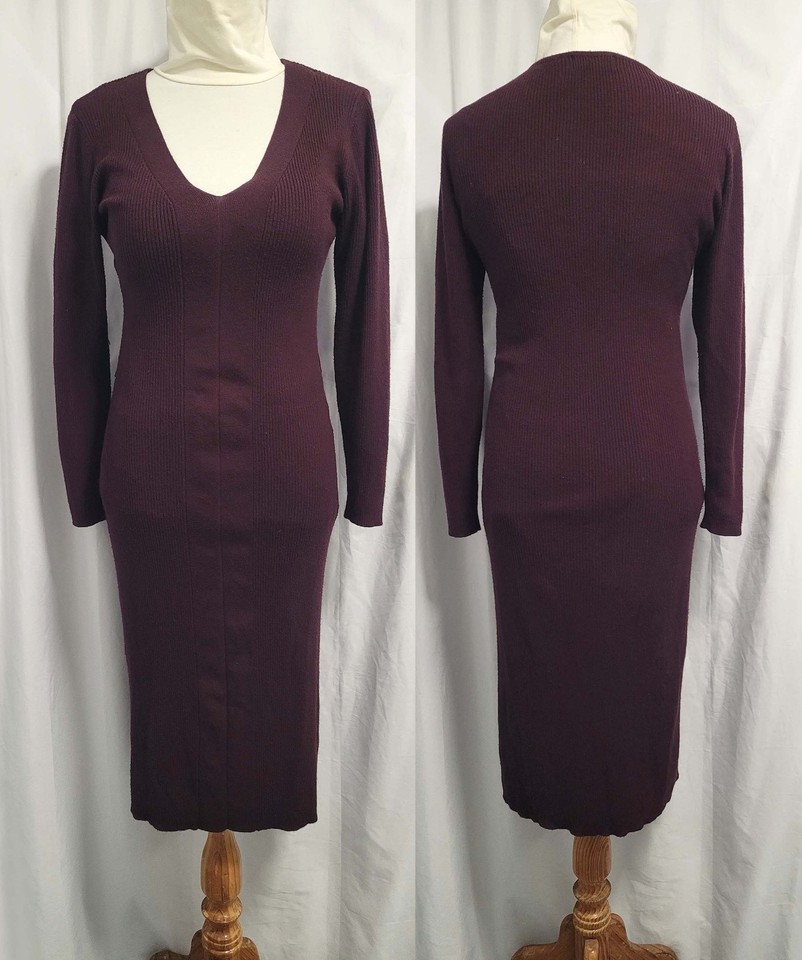 Oxford V-Neck Ribbed Knit Sweater Midi Dress Size 10