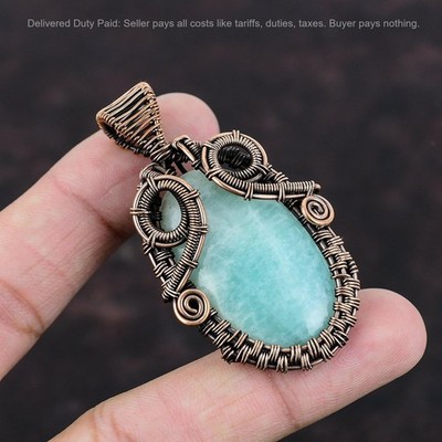 Natural Amazonite Copper Mother Ethnic Wire Wrapped Heart Chakra Pendant Jewelry