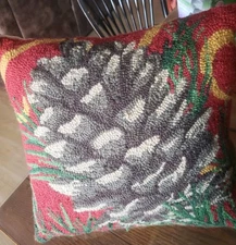 Vtg Wool Velvet Needlepoint Tapestry Throw Pillow Pinecone Cabin Nature 15x15"