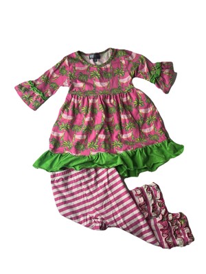 Simply Southern 2PC Outfit Palm Trees Dress & Striped Pants Size 2T
