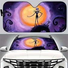 Watercolor Jack Skellington On Spiral Hill Halloween Car Windshield Sun Shade