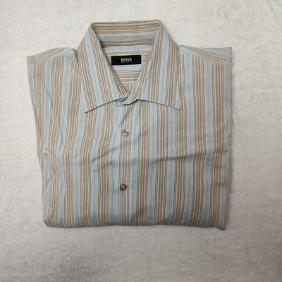Hugo Boss Shirt Mens 16 Blue Striped Dress Long Sleeve Point Collar Barrel Cuff