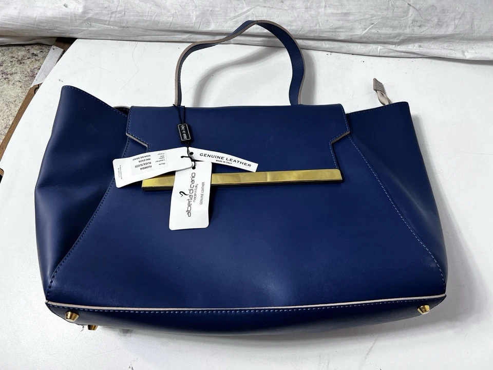 ALBERTA DI CANIO Luxury Designer Leather Blue Gold Tone Handbag Italy Purse NWT - Image 2 of 4