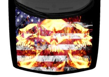 Fiery Flames Skulls Fang Truck Hood Wrap Vinyl Car Graphic Decal US Flags Fire