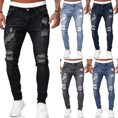 Men's Ripped Denim Jeans Slim Fit Fashion Pencil Pants Mid Waist Distressed Trou - Picture 5 of 40