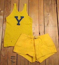 Vintage 1930s Mens Basketball Uniform Gold Knit Jersey Shirt 'Y' w/Padded Shorts