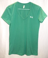 Under Armour Loose Fit T-Shirt Top Womens XS Green Striped V-Neck