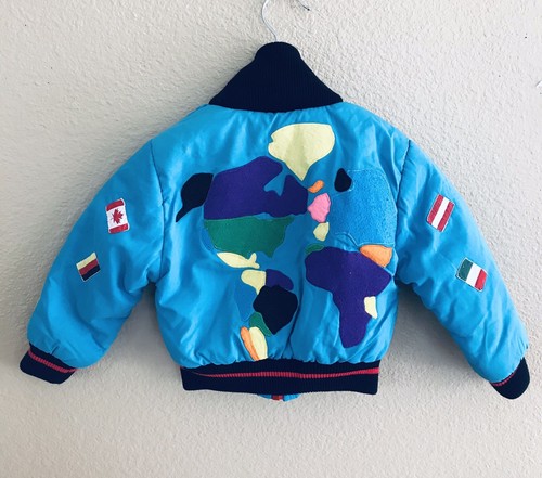 Vintage Westside World Flags Bomber Full Zip Puffer Jacket Boys Size 4 Blue - Picture 4 of 8