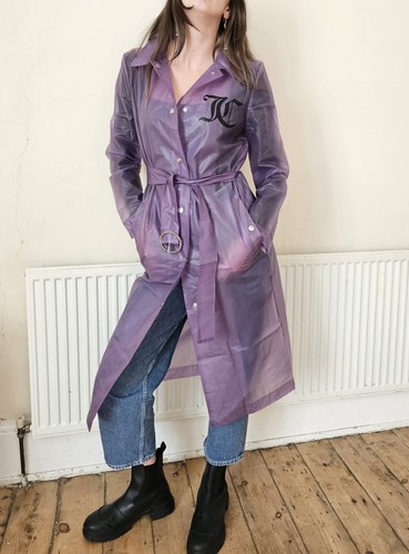 Juicy Couture Trench Coat Rain Waterproof Size S 8 10 Purple Belted Long - Picture 9 of 12
