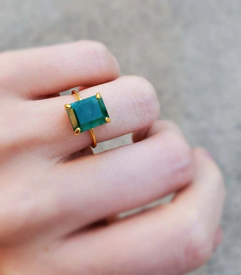 Sterling Silber 925 vergoldet grüner Smaragd Mai Geburt Stein Verlobungsring - Bild 2 von 4