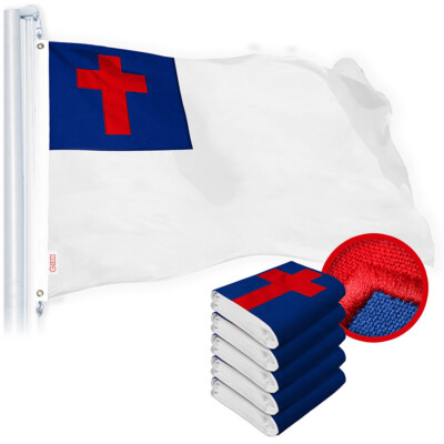 G128 5 Pack: Christian Flag 3x5 Ft Embroidered 220GSM SPUN POLYESTER