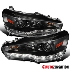 Fit 2008-2017 Mitsubishi Lancer EVO X Black LED Strip Projector Headlights Lamps