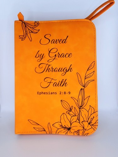 Bible Cover With "Saved By Grace Through Faith" Orange Cover W/Brown Accents