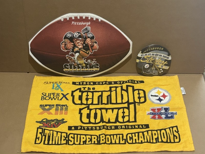Pittsburgh Steelers WinCraft Clock (Works), Terrible Towel, And Jack Davis Mat