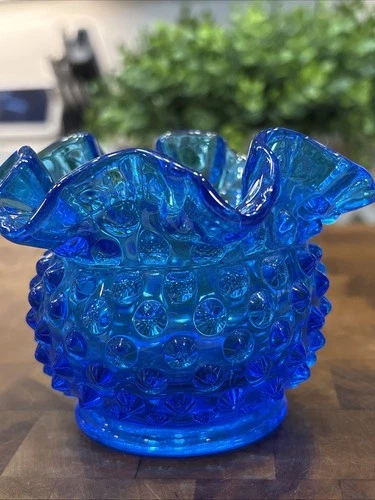 Vintage Fenton Hobnail Ruffled Edge Small Blue Glass Vase