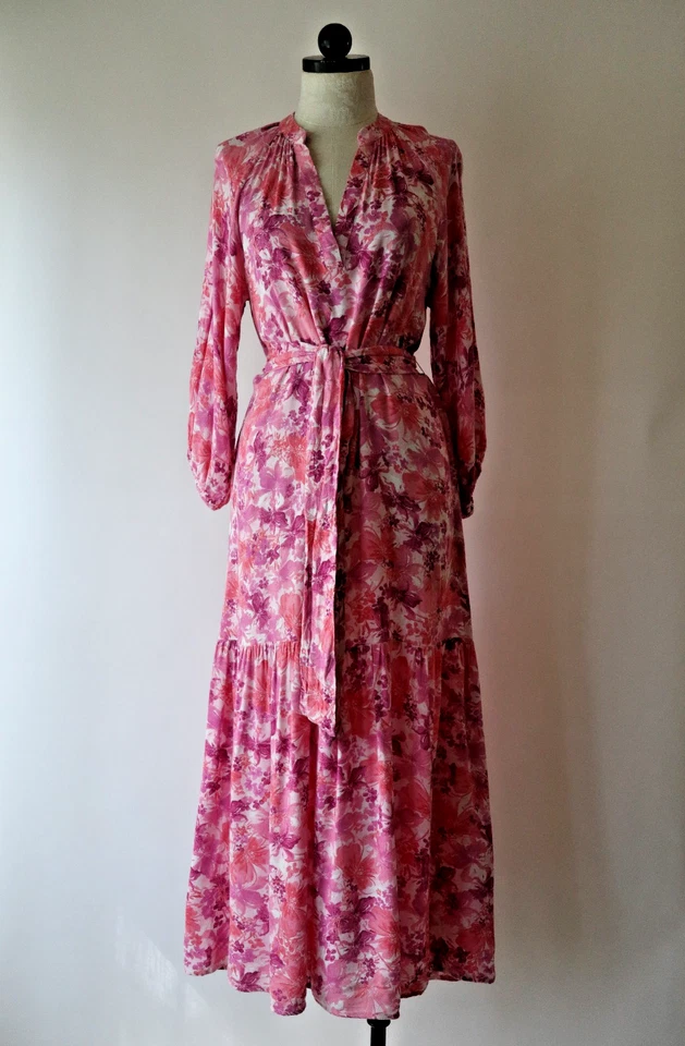 Maxi Vestido Boho Rosa Púrpura Floral Manga Larga Cottagecore Pradera Mujer M Foto 2 de 4