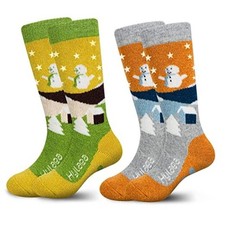 Merino Wool Ski Socks Kids, Knee-high Warm X-Small Orange Yellow 2 Pairs 