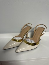 Patent Leather Pointed Toe Slingback Stiletto Heels Beige Gold Buckle Trim