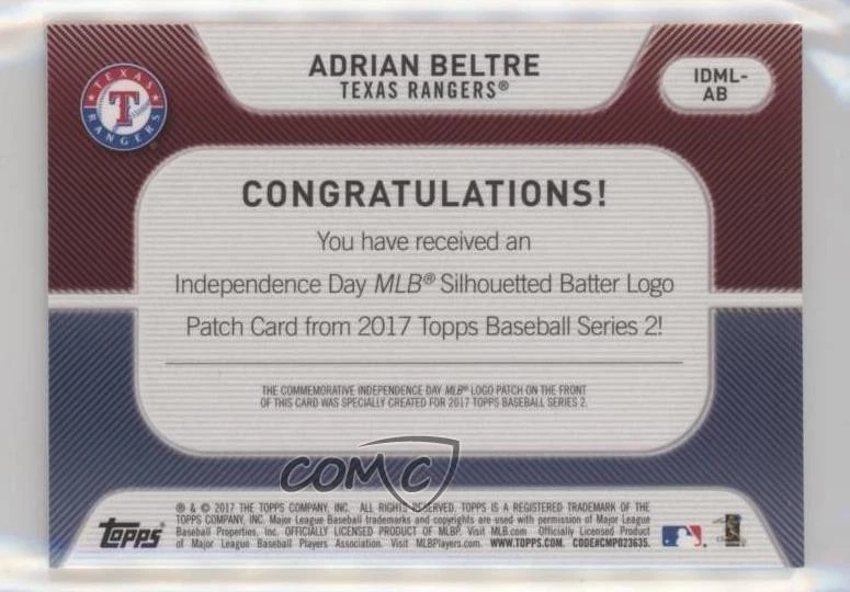 2017 Topps MLB Independence Day Silhouetted Batter Logo Adrian Beltre Patch HOF - Image 2 of 2