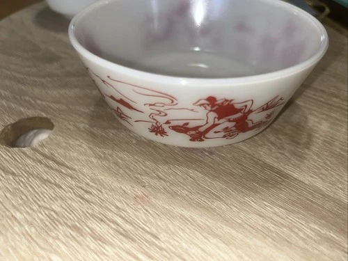 Vintage Hazel Atlas Milk Glass Red Small Bowl Bull Riding Branding Cowboy
