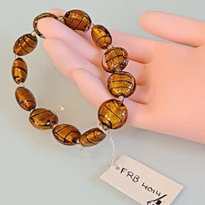 Murano Style Glass Bead Bracelet Amber Gold Foil Black Swirl Stretch OLD STOCK