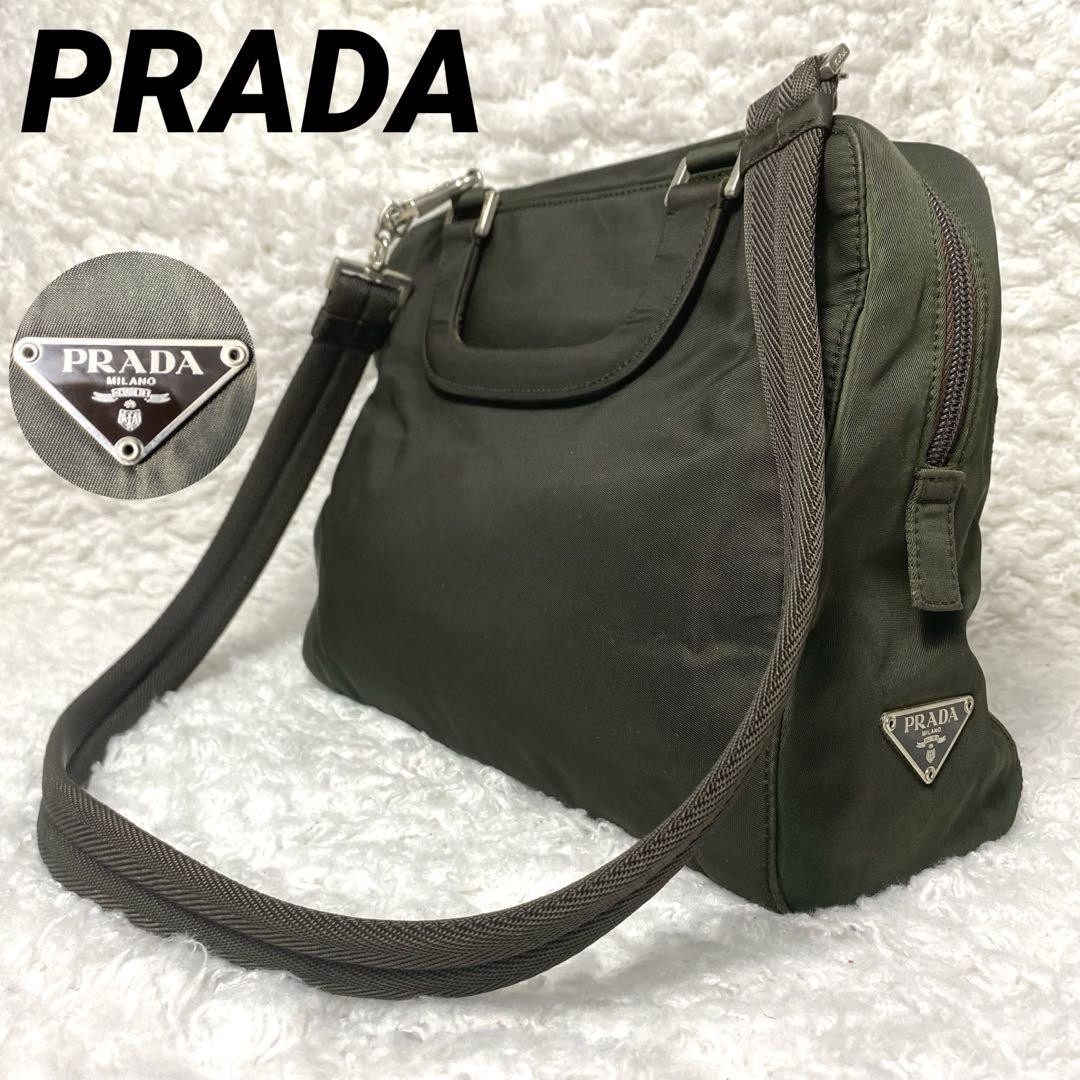 Prada Khaki Small 2way Shoulder Bag with Triangle Plate Japan